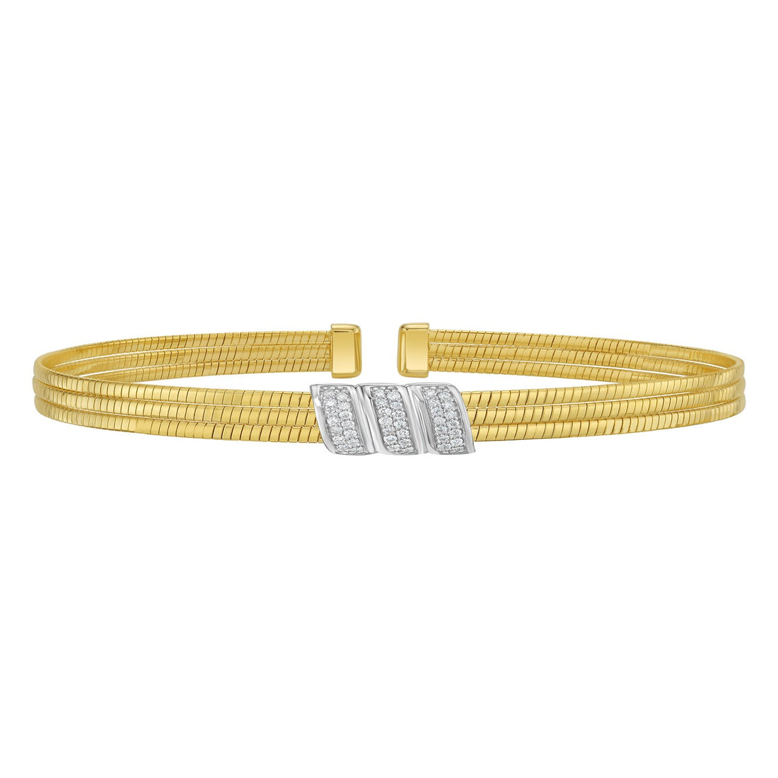 14K Yellow Gold Triple Row Diamond Omega Cuff Bangle