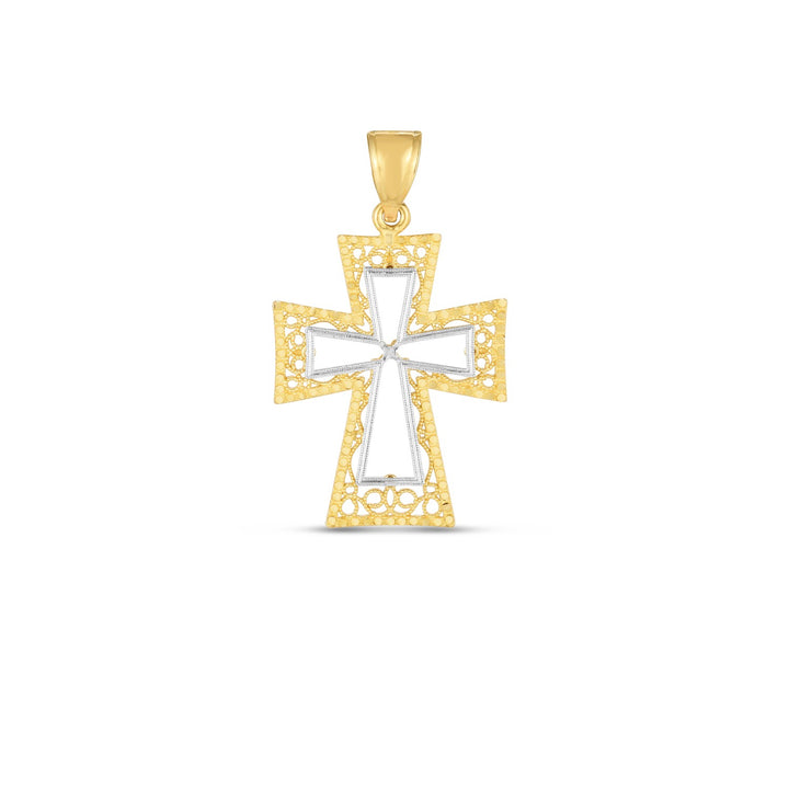 Pendentif croix en or bicolore 14 carats poli miroir et taillé en diamant