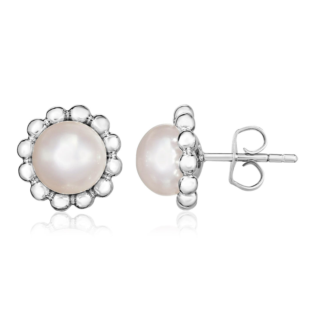 Sterling Silver Round Flower Motif Earrings with Pearl