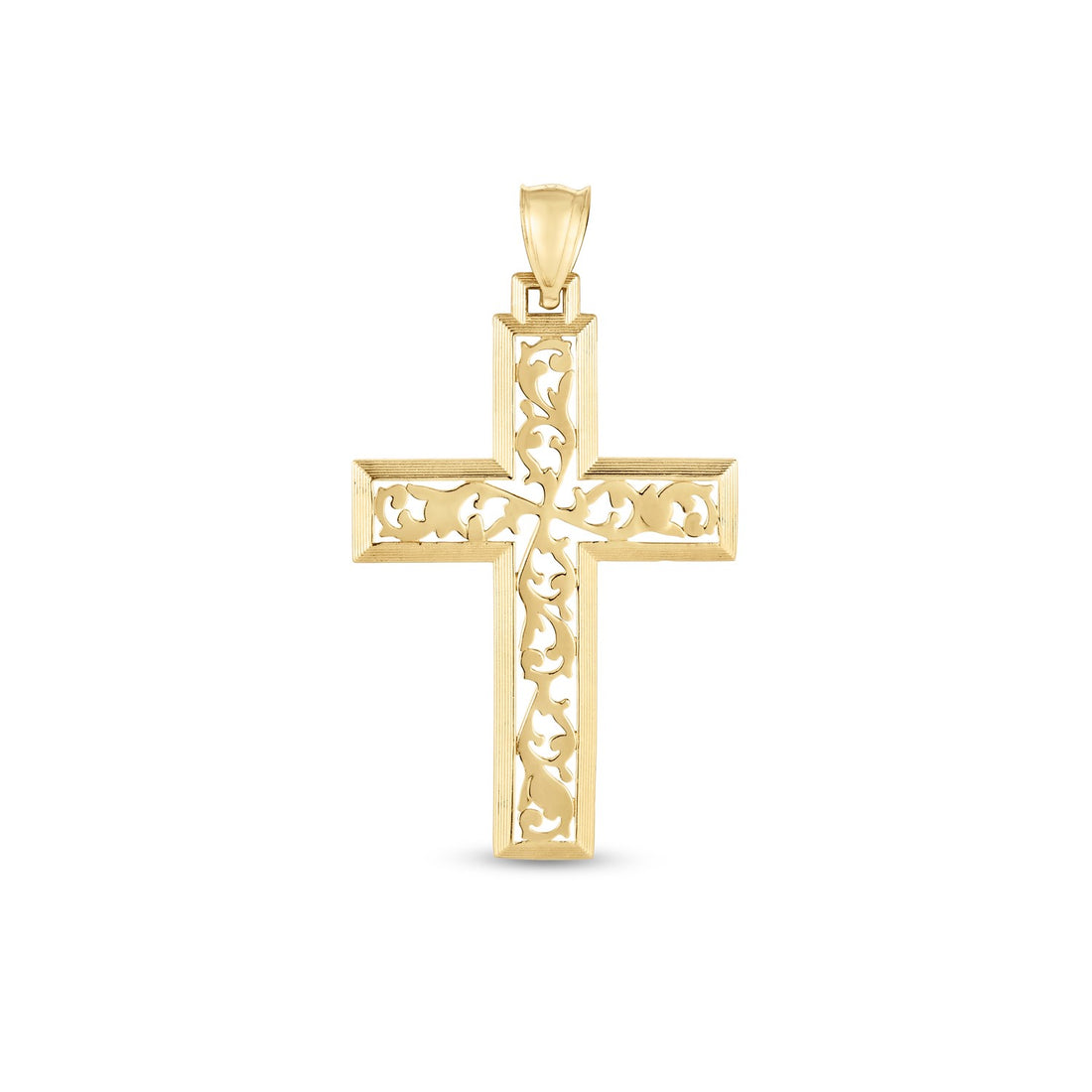 Pendentif croix en or jaune 14 carats poli miroir, motif vigne