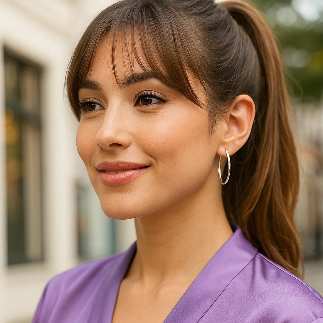 Sterling Silver Rhodium Plated Thin and Polished Hoop Style Earrings (2x35mm)