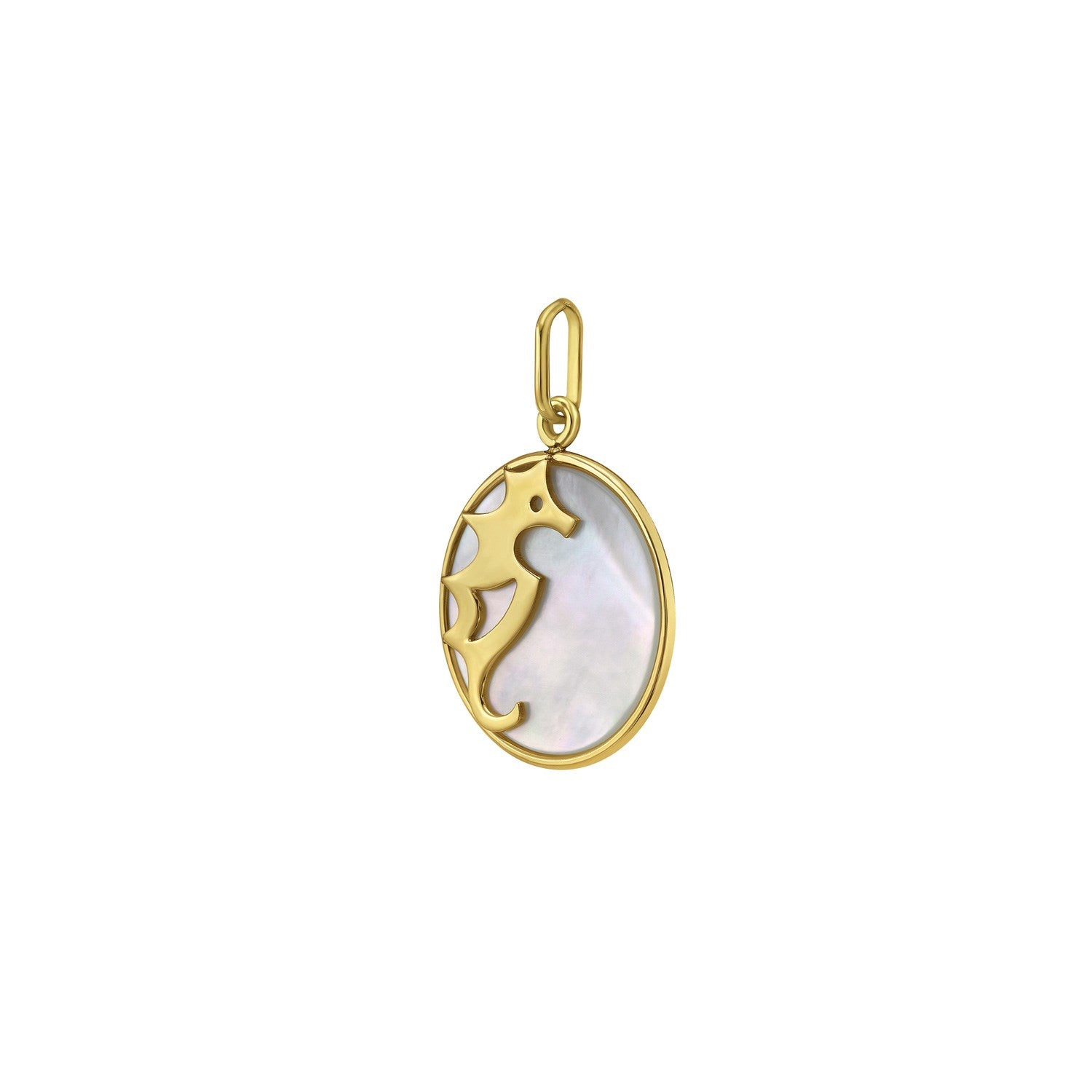 Pendentif hippocampe en or jaune 14 carats et nacre