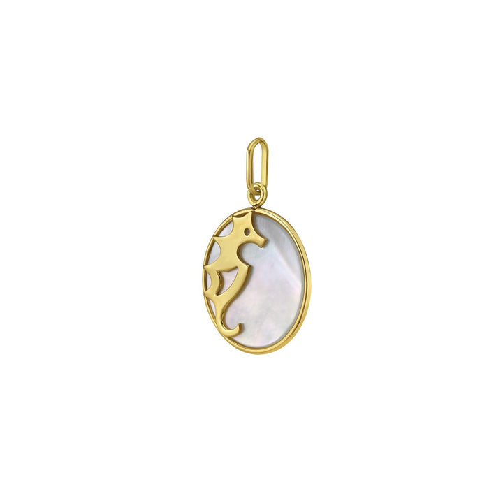 Pendentif hippocampe en or jaune 14 carats et nacre