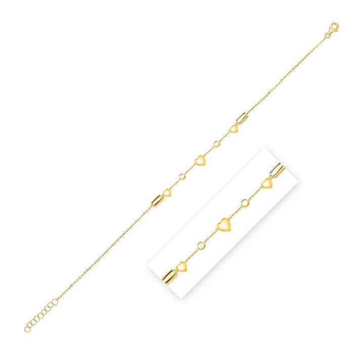 Bracelet de cheville ajustable en or jaune 14 carats en forme de cœur bouffant