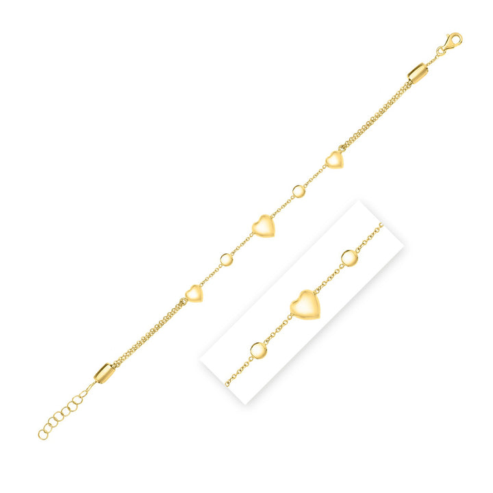 Bracelet de cheville ajustable en or jaune 14 carats en forme de cœur bouffant