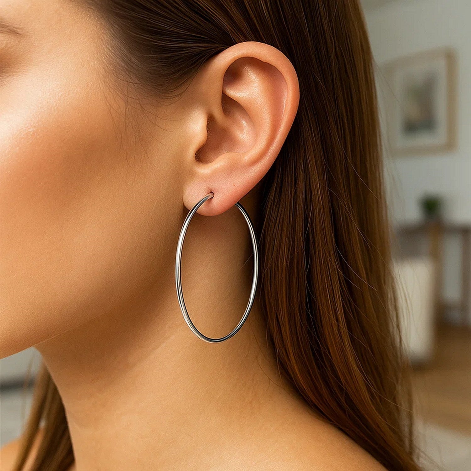 Sterling Silver Large Polished Round Hoop Earrings(60mm)