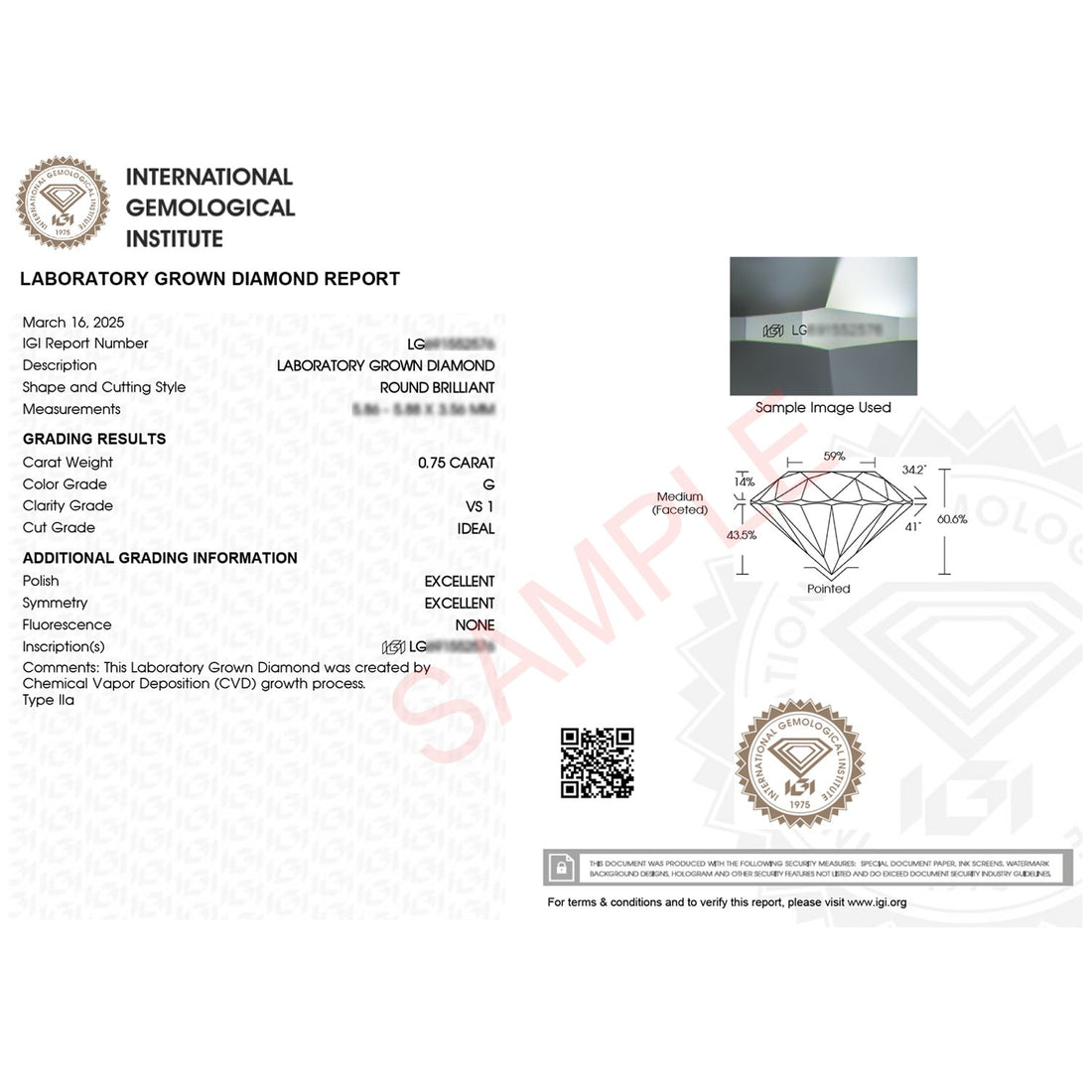 3/4 Carat Round Lab Grown IGI G/VS1 Diamond Solitaire Ring in 14K White Gold
