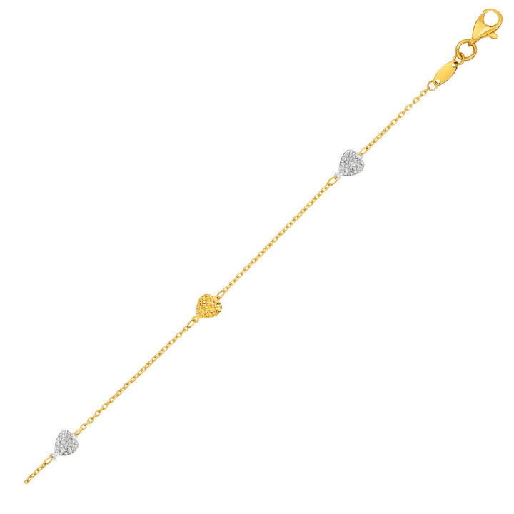 Bracelet de cheville bicolore en or jaune et blanc 14 carats avec cœurs texturés