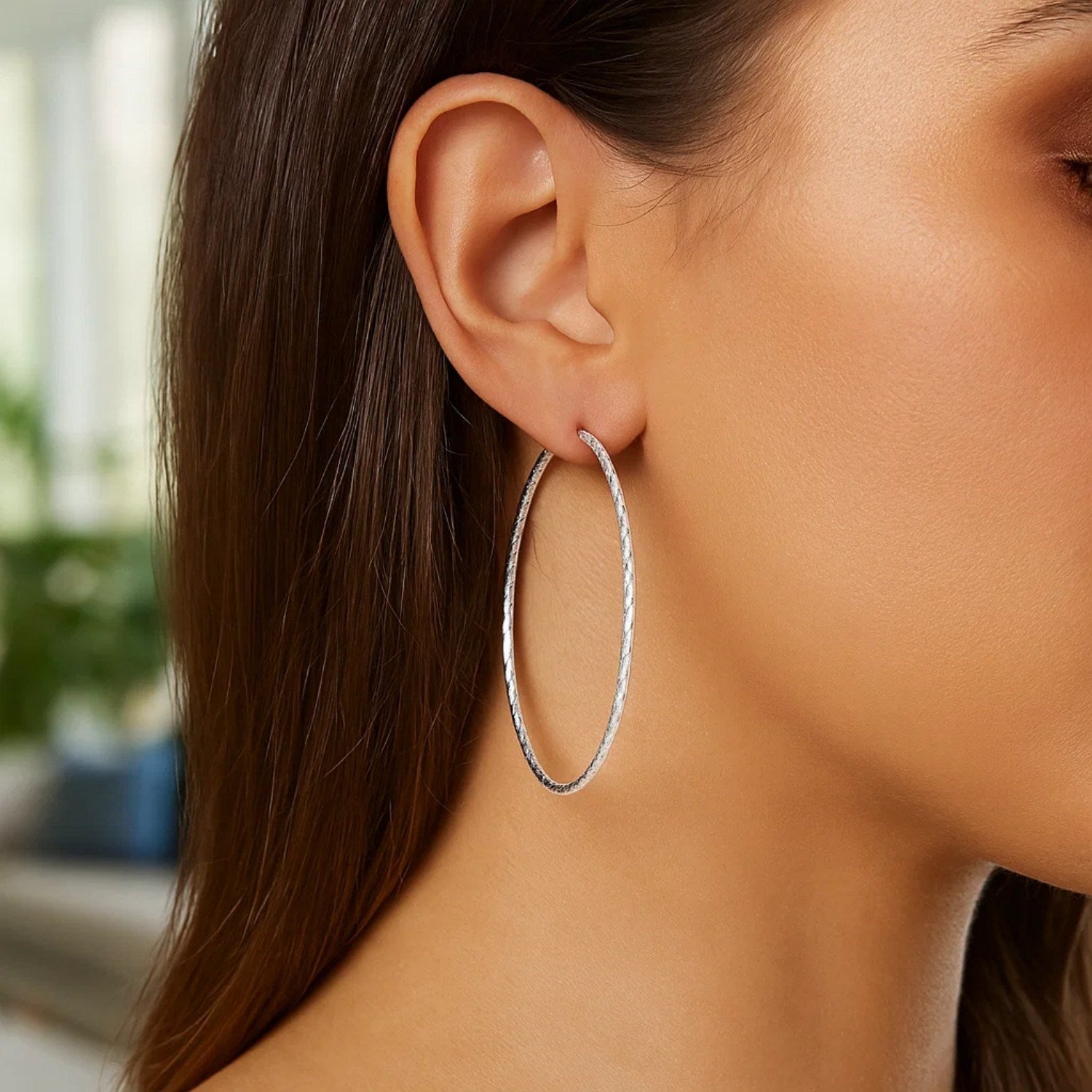 Sterling Silver Large Textured Round Hoop Earrings(1.6x70mm)