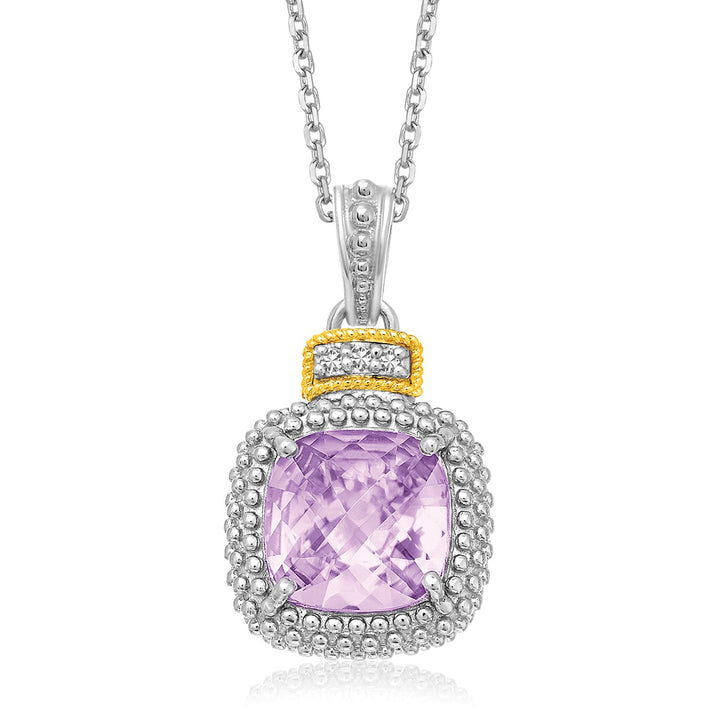 Pendentif en or jaune 18 carats et argent sterling, orné d'une améthyste coussin et de diamants