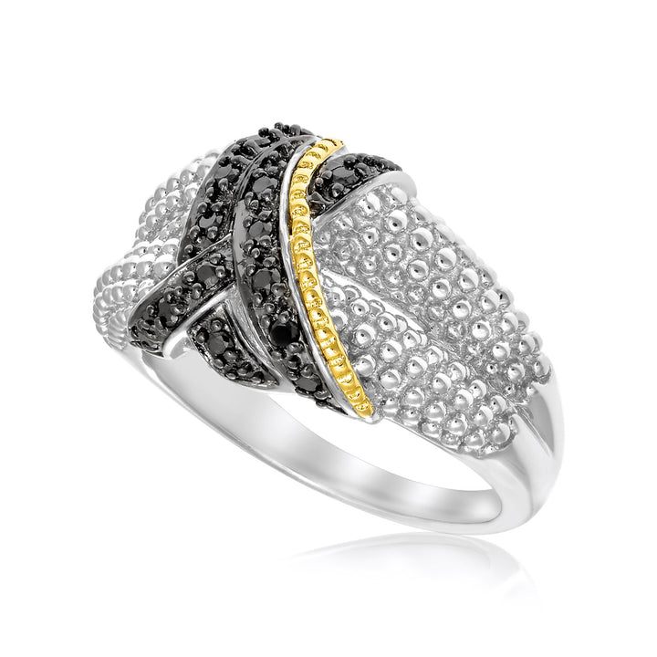Bague en or jaune 18 carats et argent sterling, ornée de diamants noirs et d'un motif de popcorn entrelacé