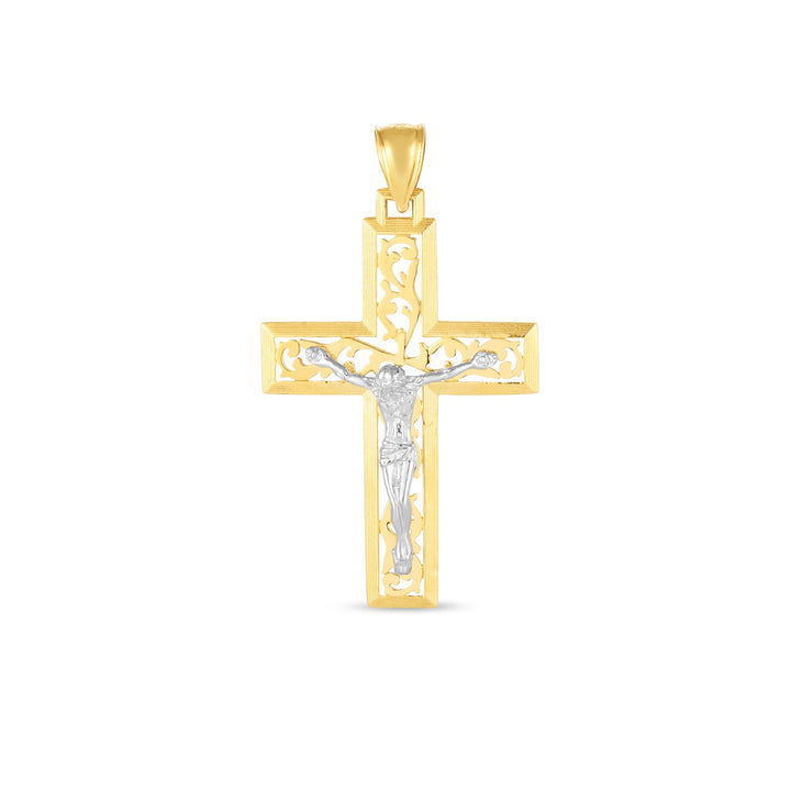 Pendentif croix en or bicolore 14 carats poli miroir et taillé en diamant