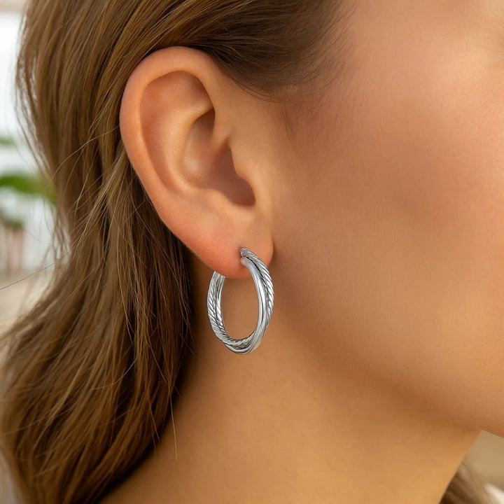 Sterling Silver Ridged Hoop Earrings with Textured Design