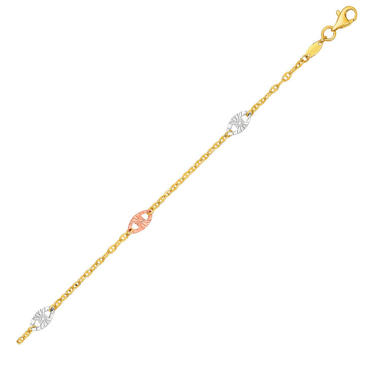 Bracelet de cheville en or 14 carats tricolore (jaune, blanc et rose) avec des ovales texturés