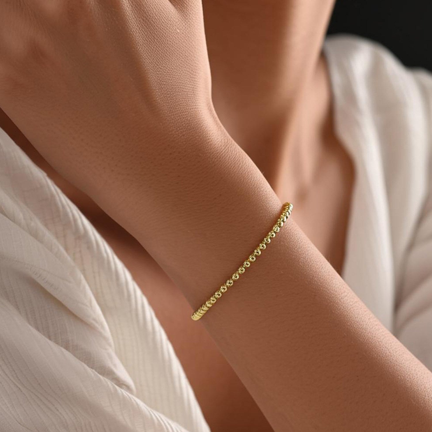 14k Yellow Gold High Polish Bead Cuff Bangle (3.00 mm)