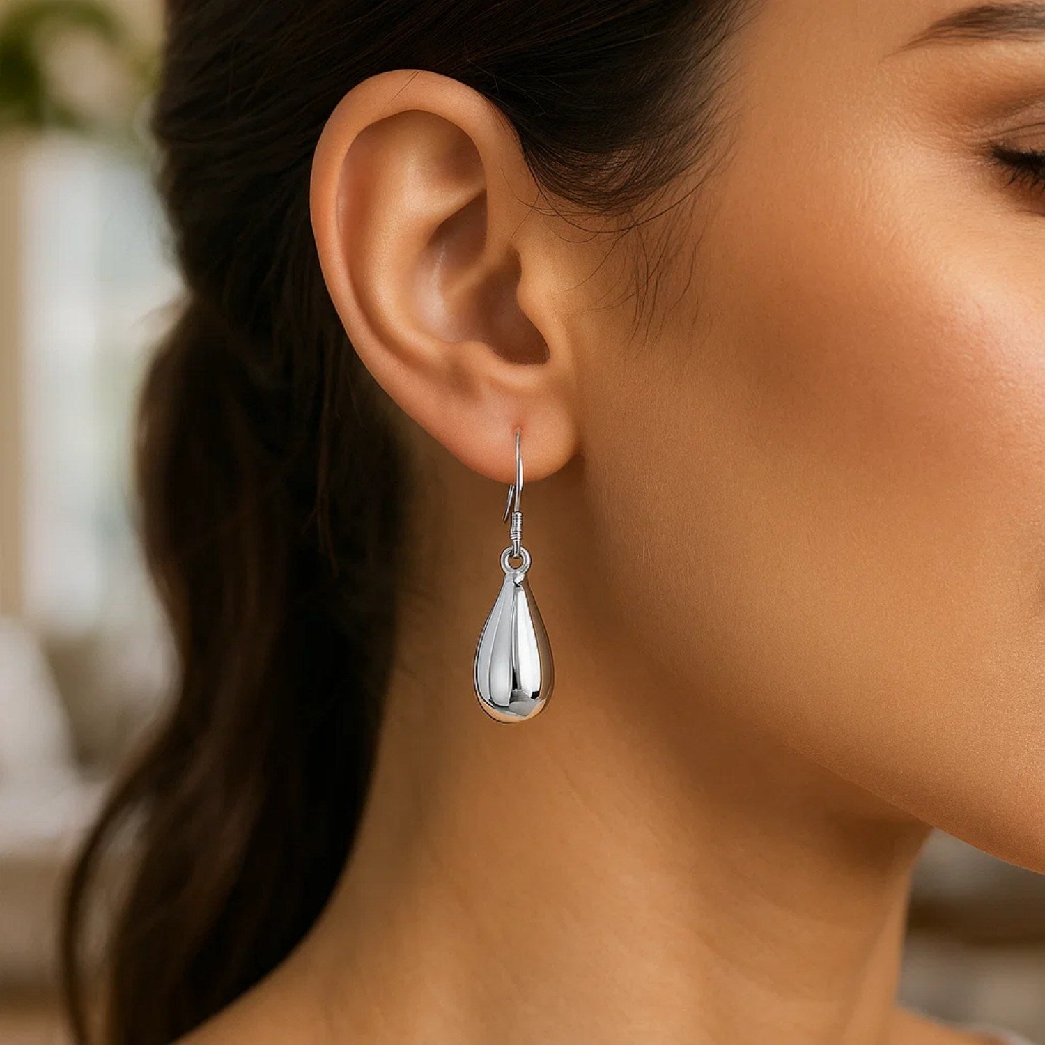 Sterling Silver Polished Puffed Teardrop Dangle Earrings