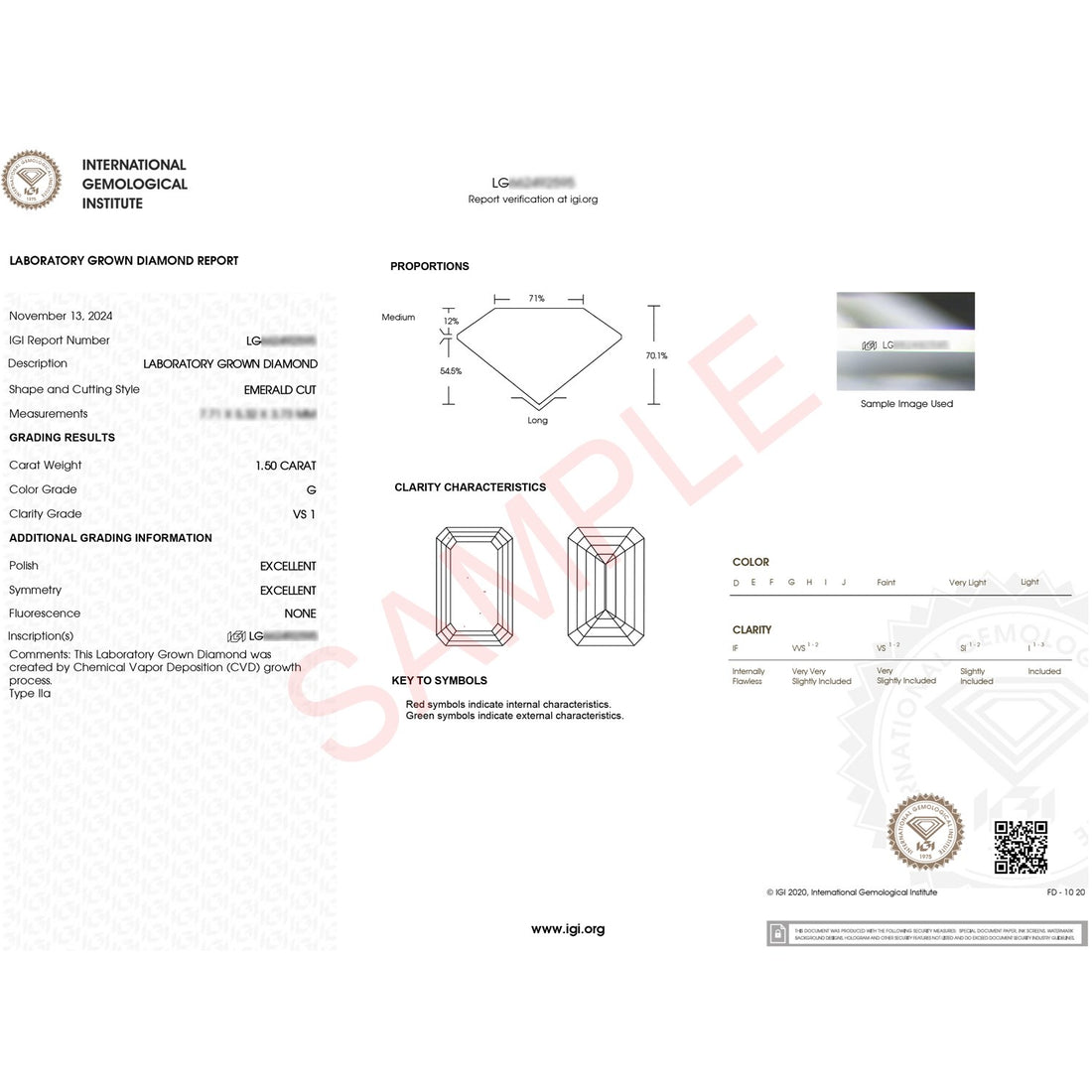 1 1/2 Carat Emerald Lab Grown IGI G/VS1 Diamond Solitaire Ring in 10K White Gold