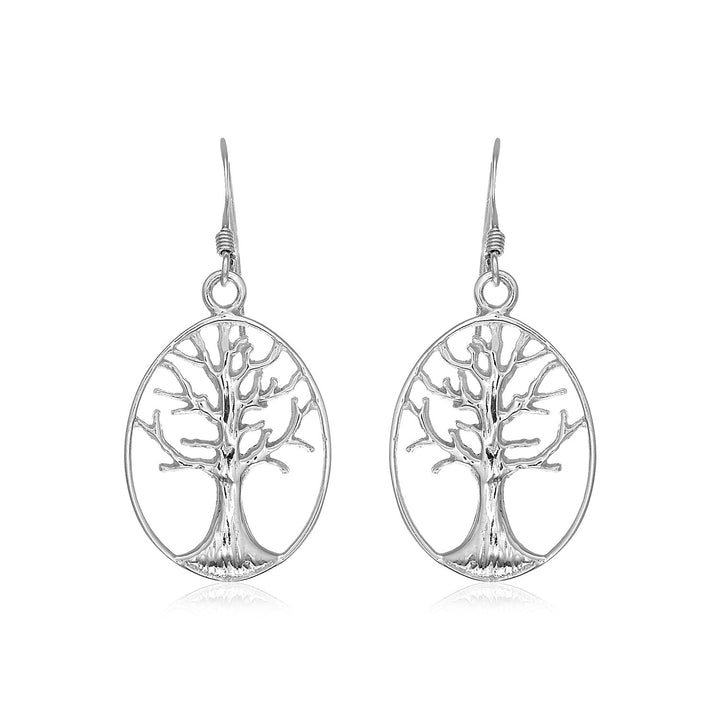 Sterling Silver Oval Round Tree of Life Earrings
