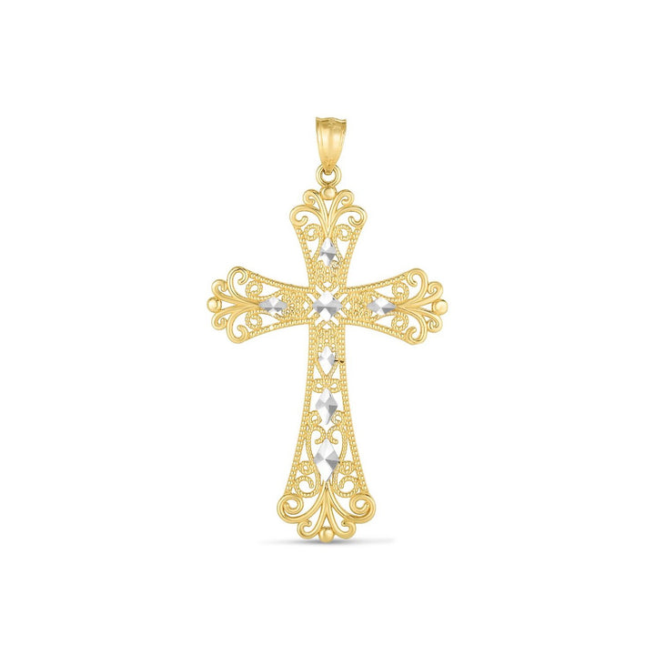 Pendentif croix en or bicolore 14 carats poli miroir et taillé en diamant