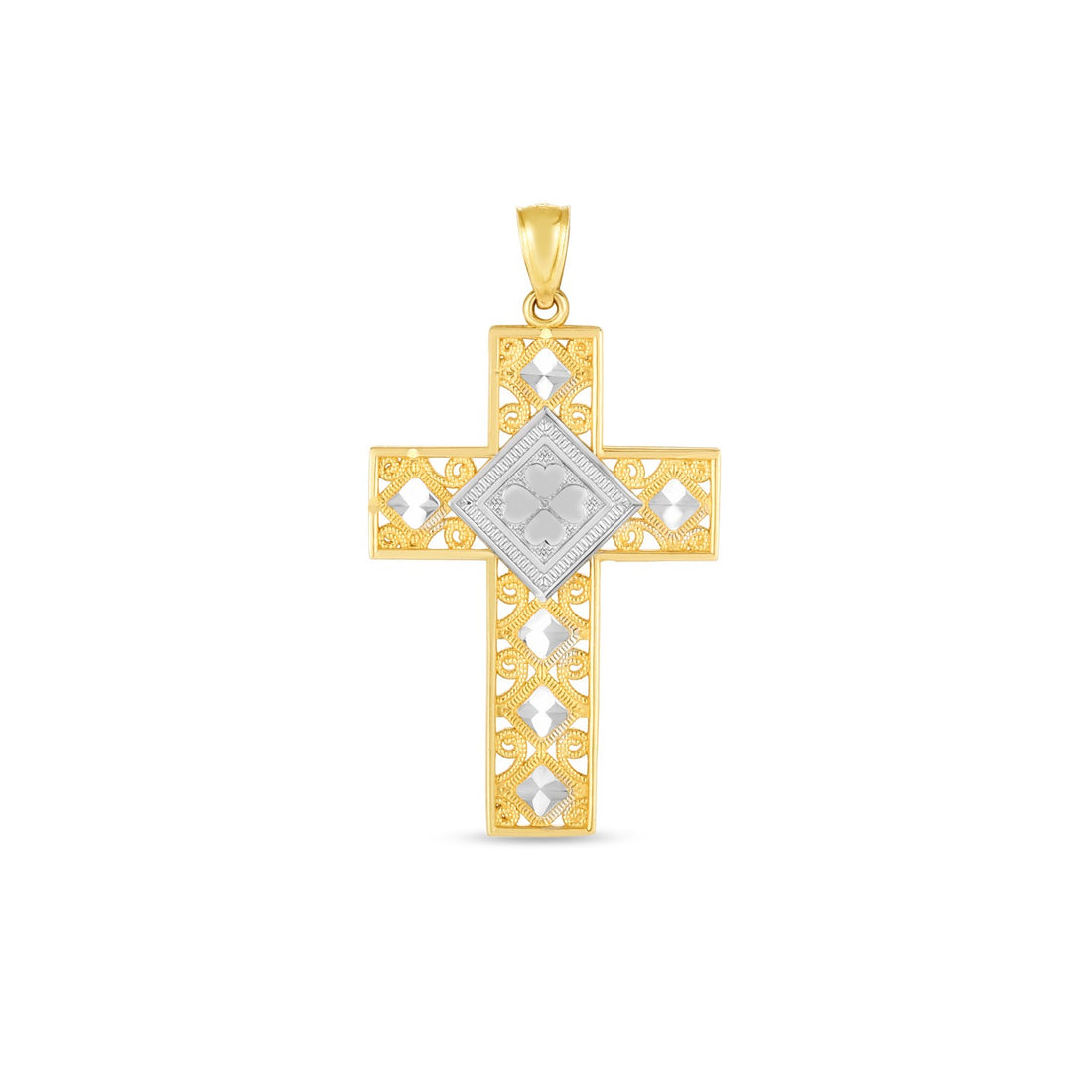 Pendentif croix en or bicolore 14 carats poli miroir et taillé en diamant