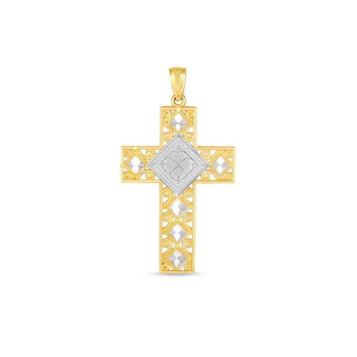 Pendentif croix en or bicolore 14 carats poli miroir et taillé en diamant