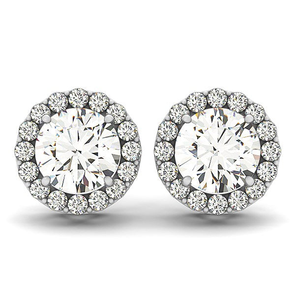 Boucles d'oreilles en or blanc 14 carats serties de diamants ronds à quatre griffes et sertis d'un halo (1 1/6 carat au total)