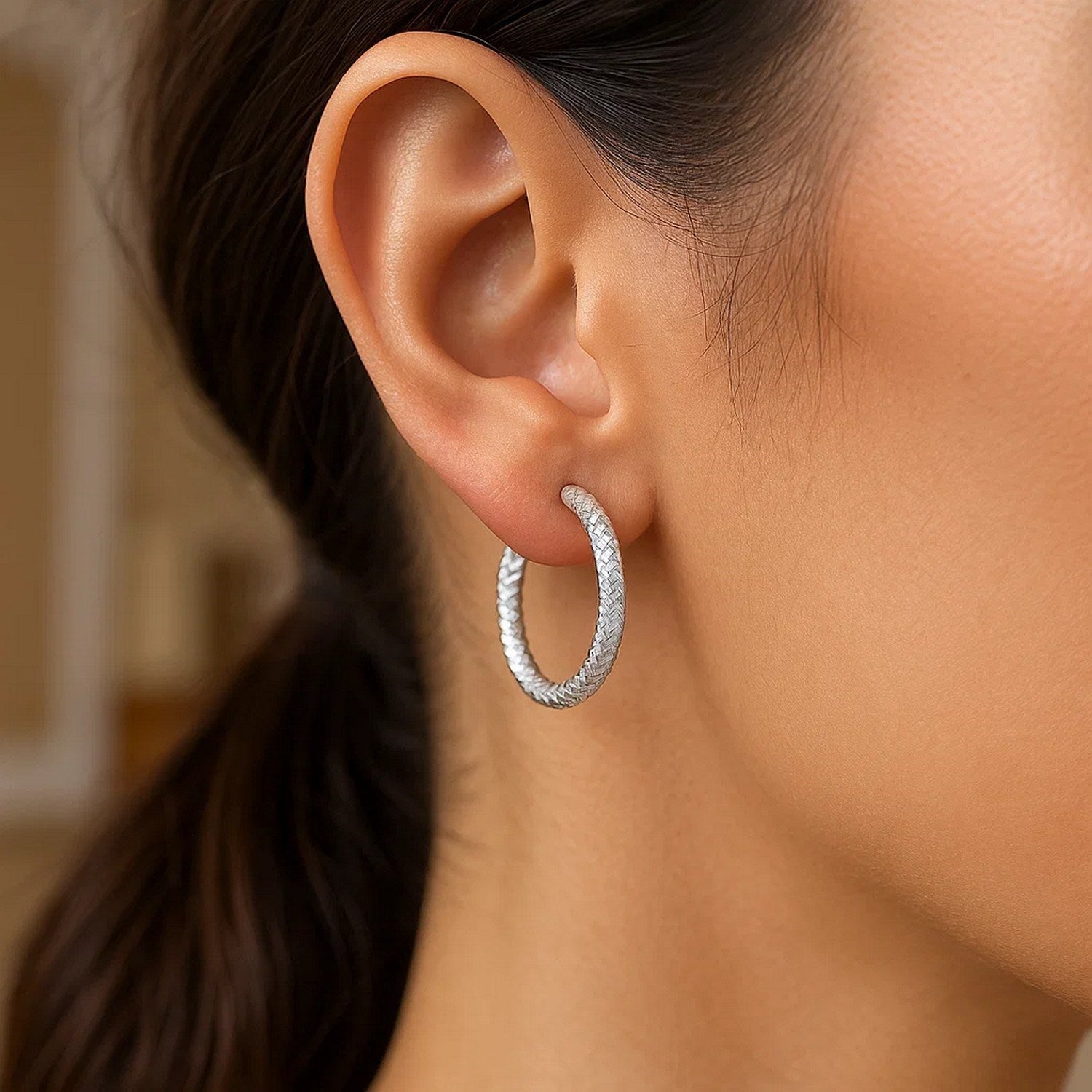 Sterling Silver Large Hoop Earrings with Braid Texture(3x20mm)