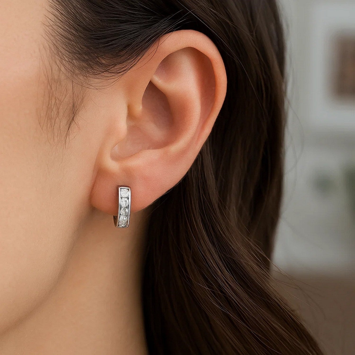 Sterling Silver Petite Hoop Earrings with Cubic Zirconias(3x10mm)