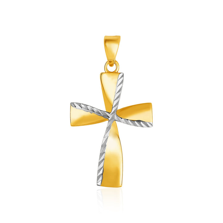 Pendentif croix texturé en or jaune et blanc bicolore 14 carats