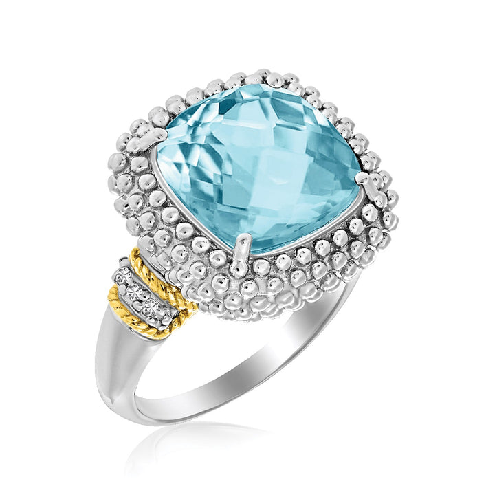 Bague popcorn en or jaune 18 carats et argent sterling, topaze bleu ciel et diamants