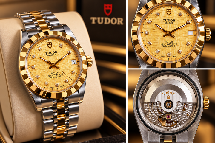 Tudor Classic Geneva Date+Day Automatisch Horloge – Gold Diamond Linen Dial – 40mm – Ref. 23013 – Vintage