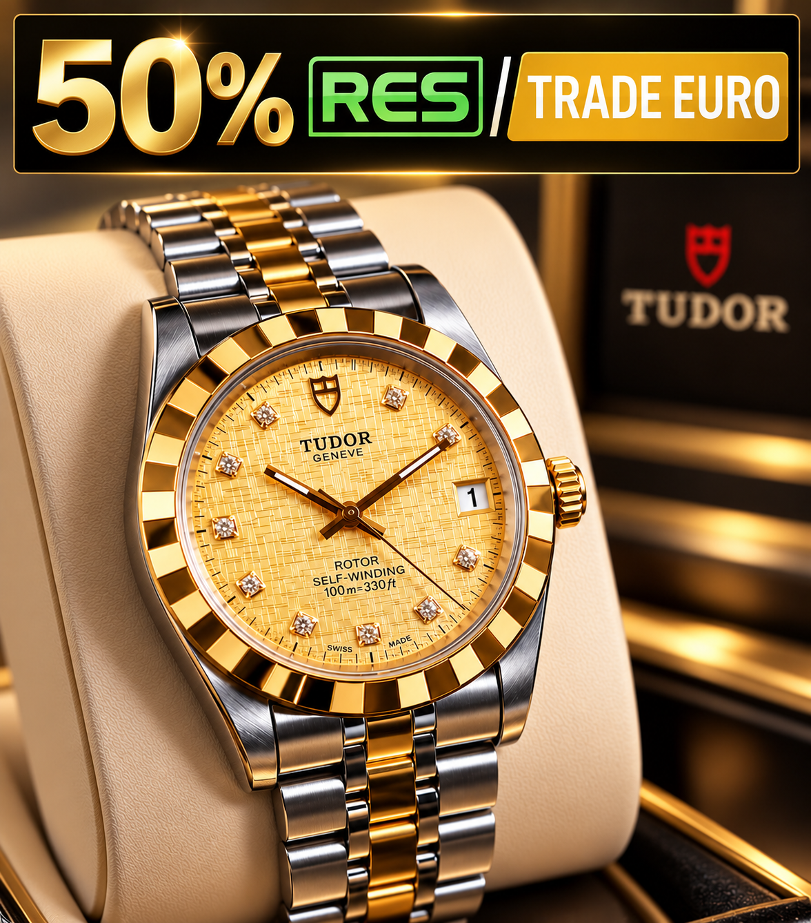 Tudor Classic Geneva Date+Day Automatisch Horloge – Gold Diamond Linen Dial – 40mm – Ref. 23013 – Vintage - 50% RES/TRADE EURO