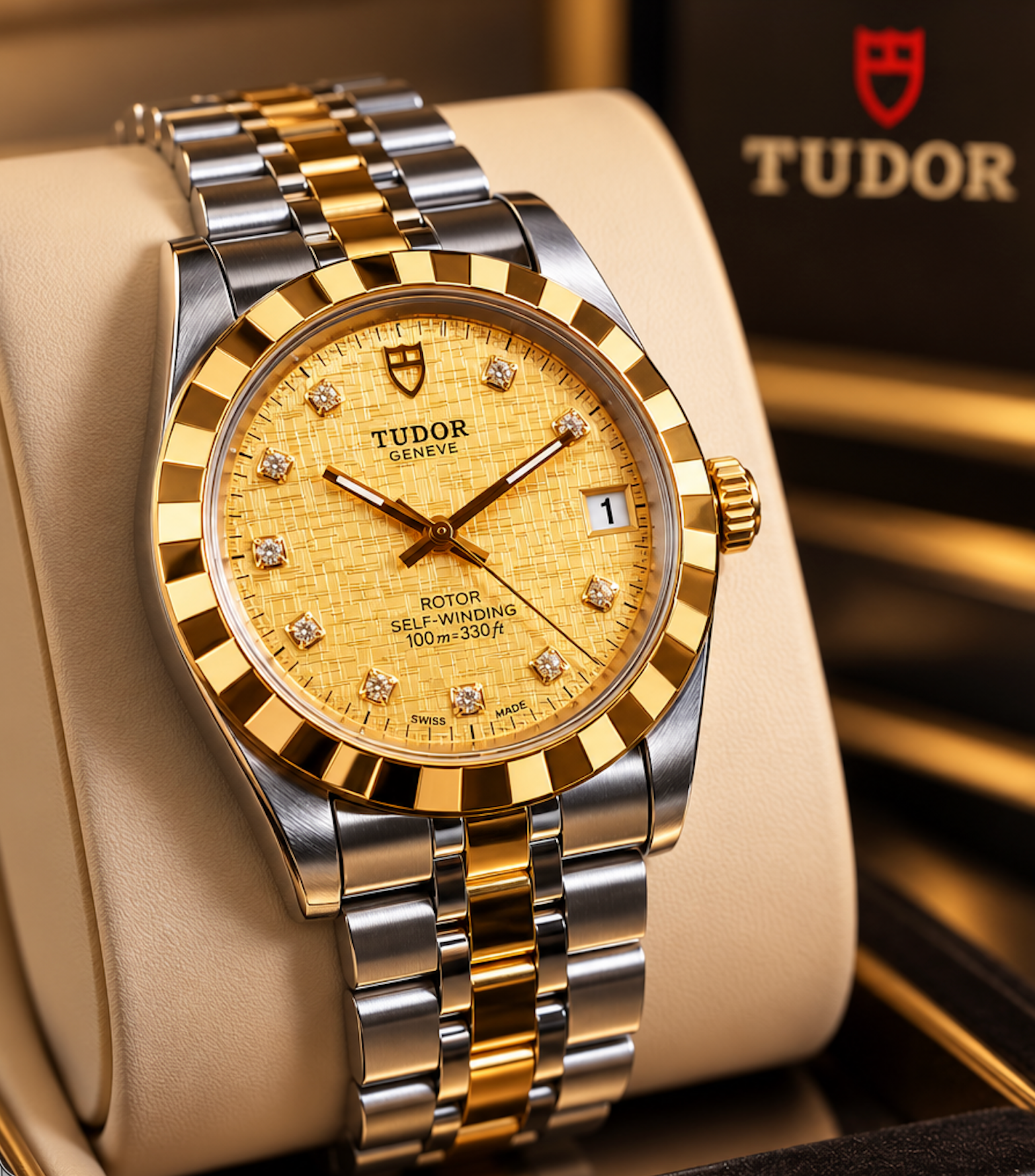Tudor Classic Geneva Date+Day Automatisch Horloge – Gold Diamond Linen Dial – 40mm – Ref. 23013 – Vintage