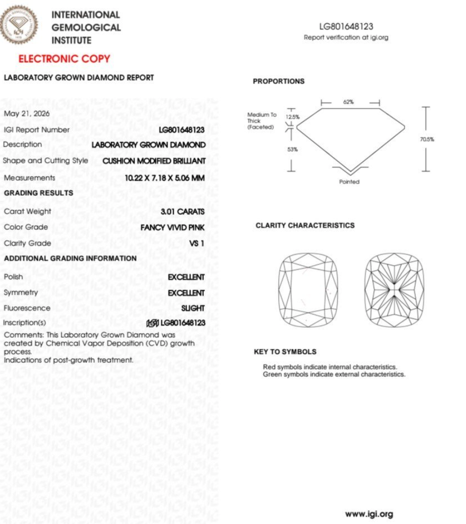18 karaat witgouden ring met 3,01 ct Fancy Vivid Pink lab-grown diamant – IGI gecertificeerd