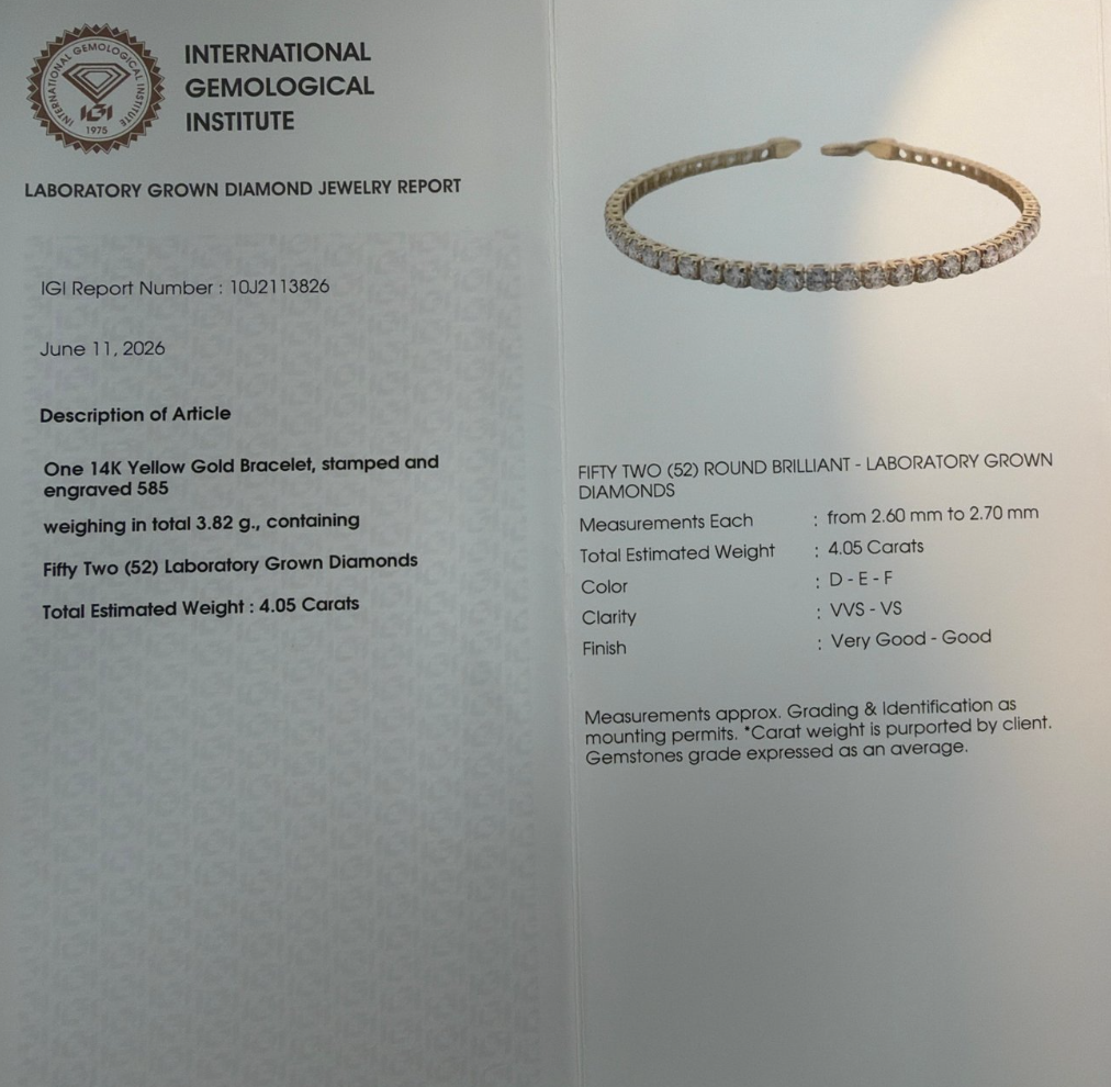 Exclusieve 14 karaat geelgouden tennisarmband met 4,05 ct lab-grown diamanten – IGI gecertificeerd