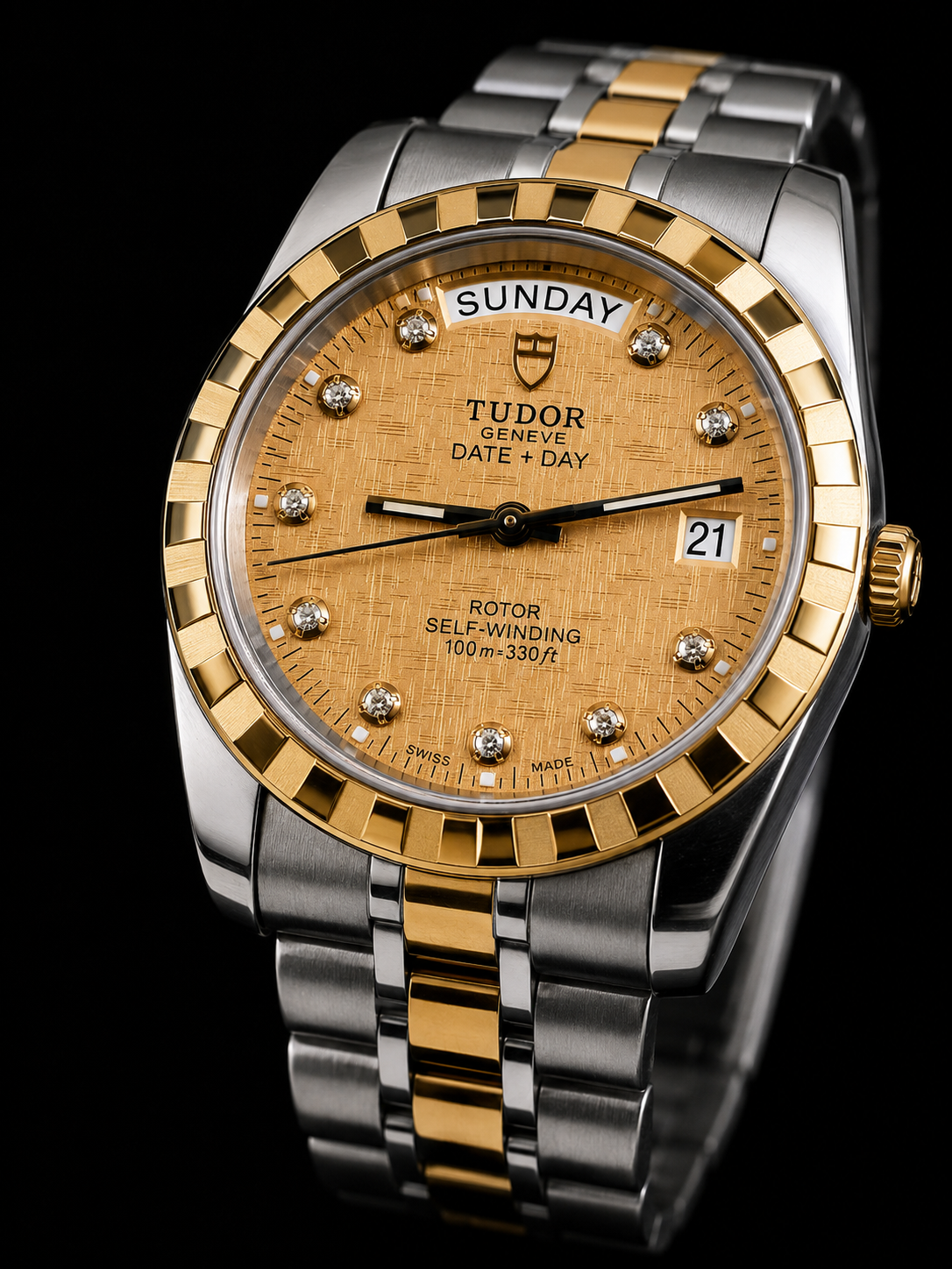Tudor Classic Geneva Date+Day – Gold Diamond Linen Dial – Ref. 23013