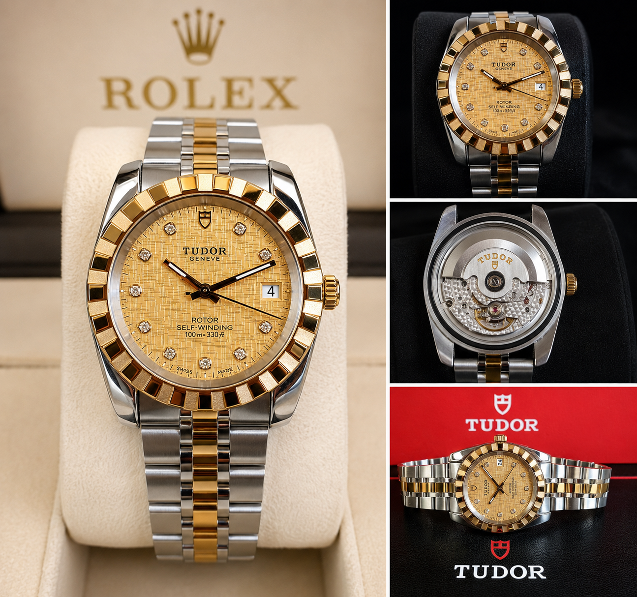 Tudor Classic Geneva Date+Day – Gold Diamond Linen Dial – Ref. 21013
