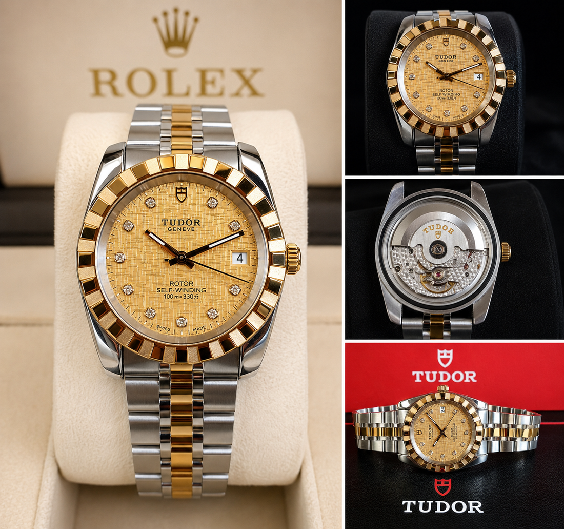 Tudor Classic Geneva Date+Day – Gold Diamond Linen Dial – Ref. 21013
