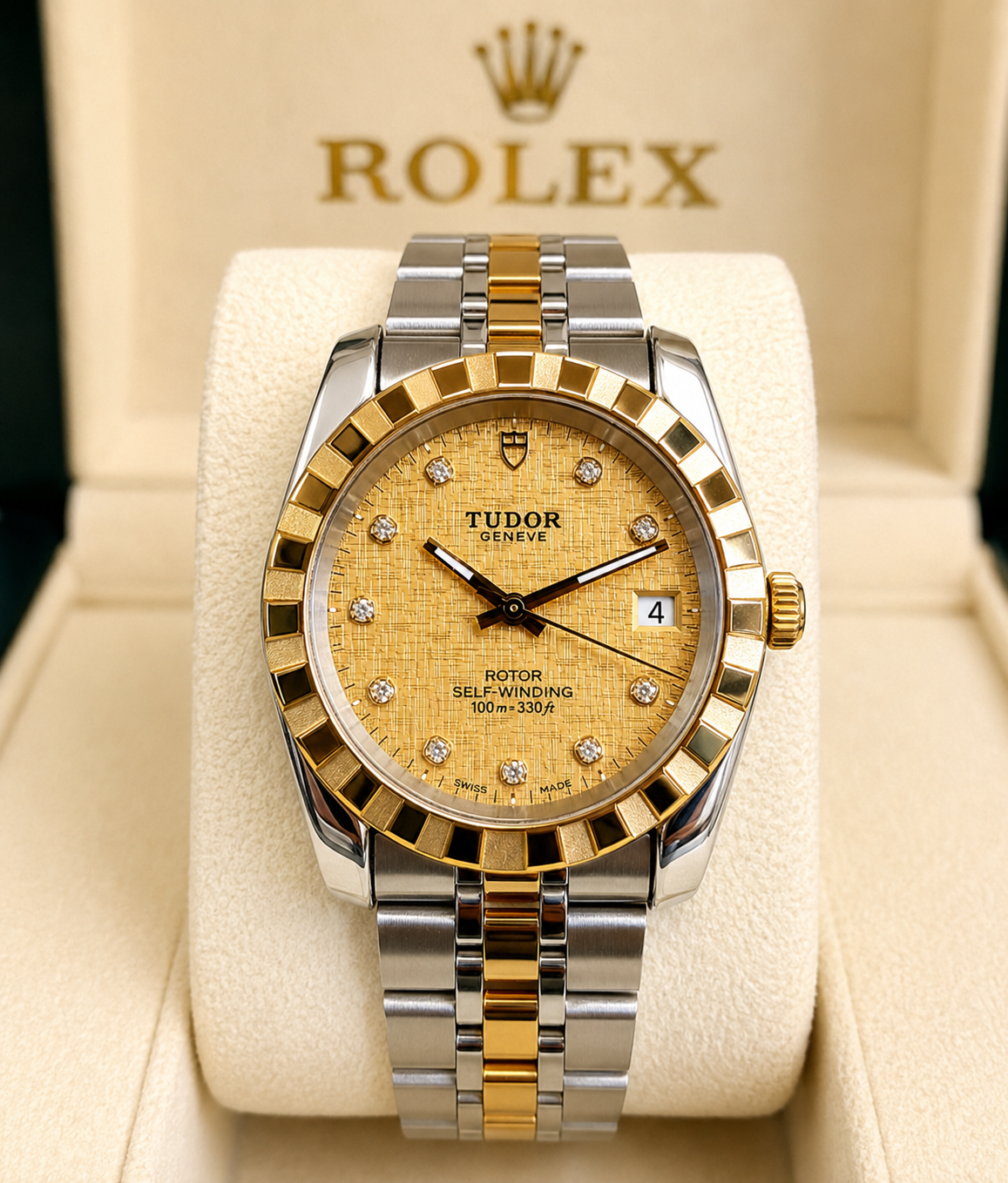 Tudor Classic Geneva Date+Day – Gold Diamond Linen Dial – Ref. 21013